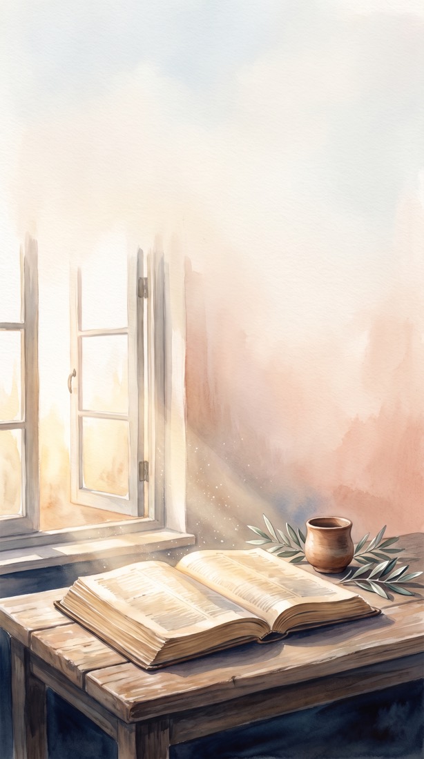 Una Biblia abierta junto a una ventana con la luz de la mañana